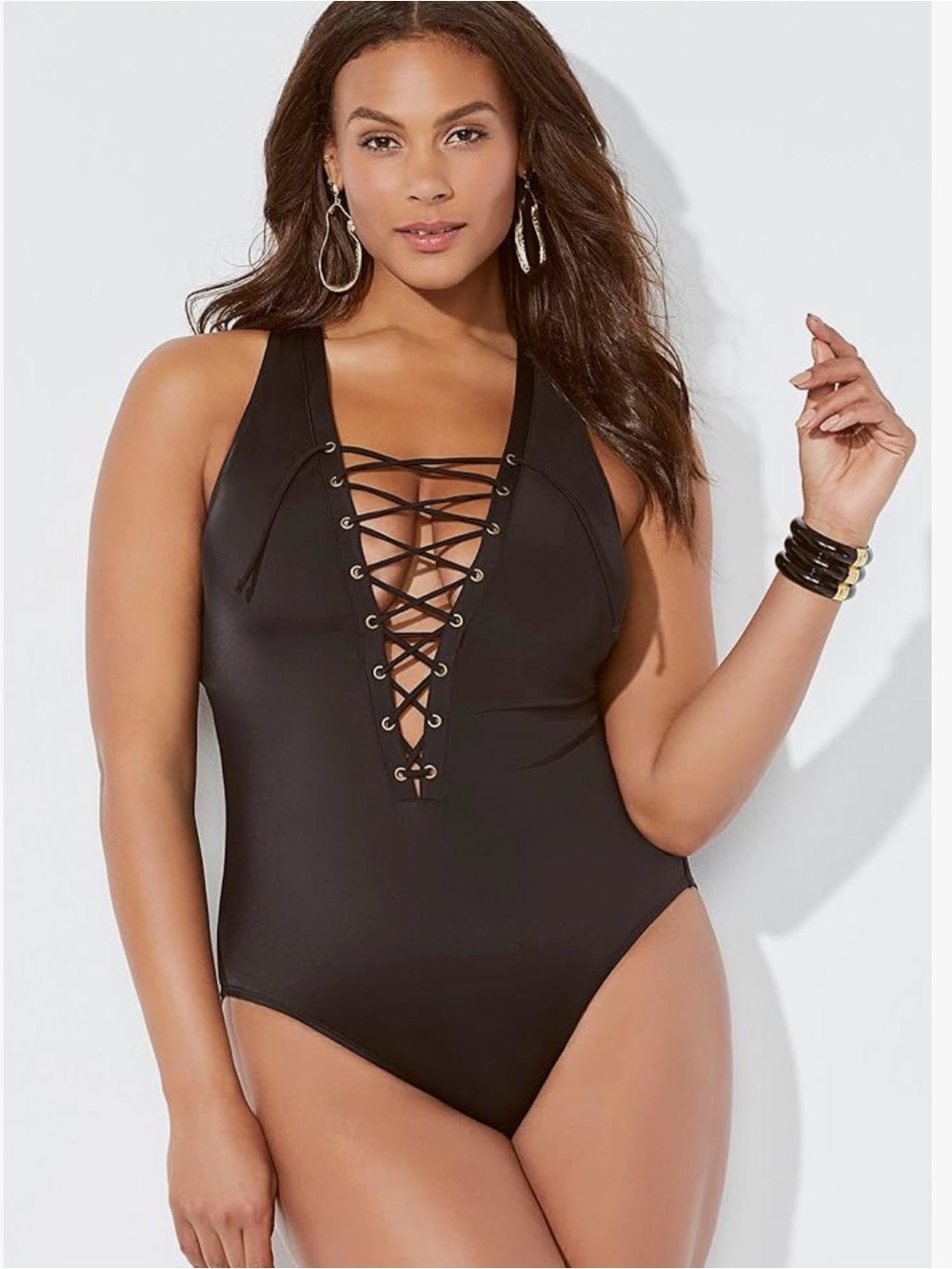 Swimsuits For All Black Lace Up One Piece Swimsuit Plus Size 16 Deep V